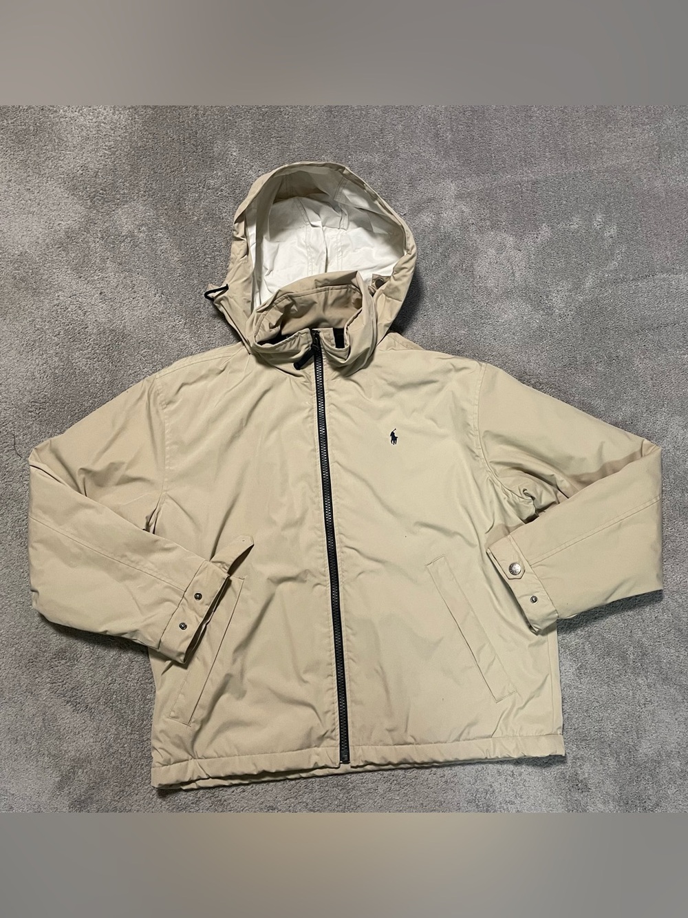 Vintage Polo Ralph Lauren Hooded Jacket Mens L Tan Insulated Fleece Lined Golf